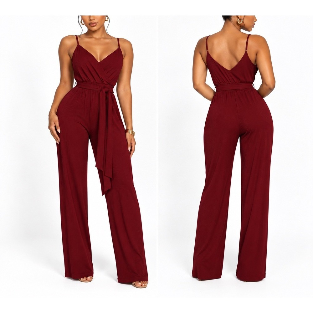 Fashion Nova Burgundy Ribbed Wide Leg Jumpsuit L Chic Evening Comfy Date Night